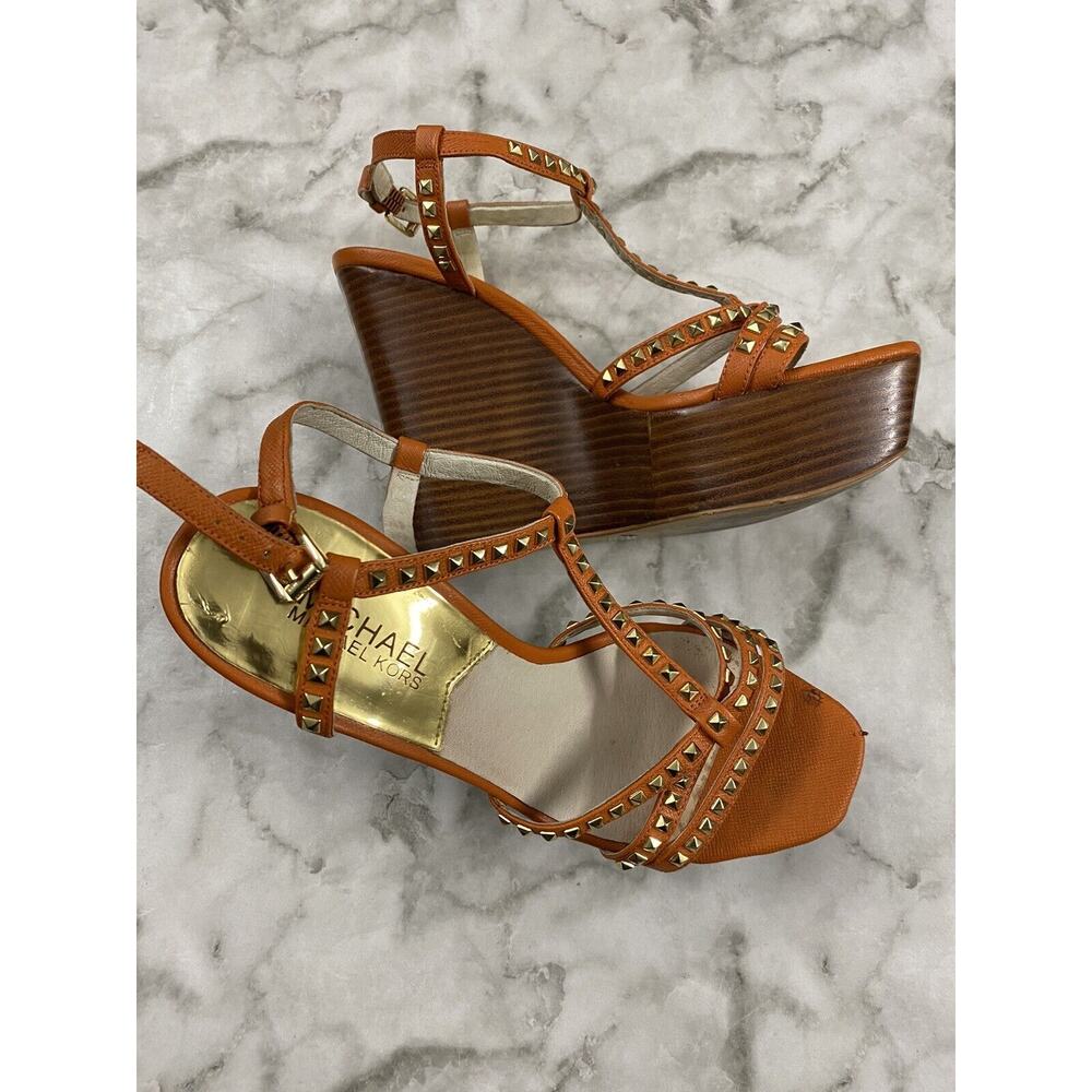 Women's Michael Kors Orange Leather Studded Strap Wedges Platform Shoes SZ 7.5M